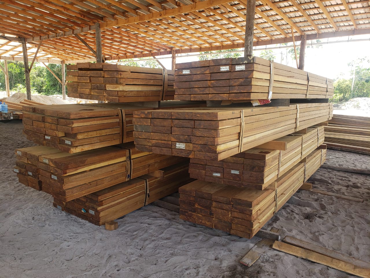 Bundles of sawn timber stacked under the roof at Green Line's mill
